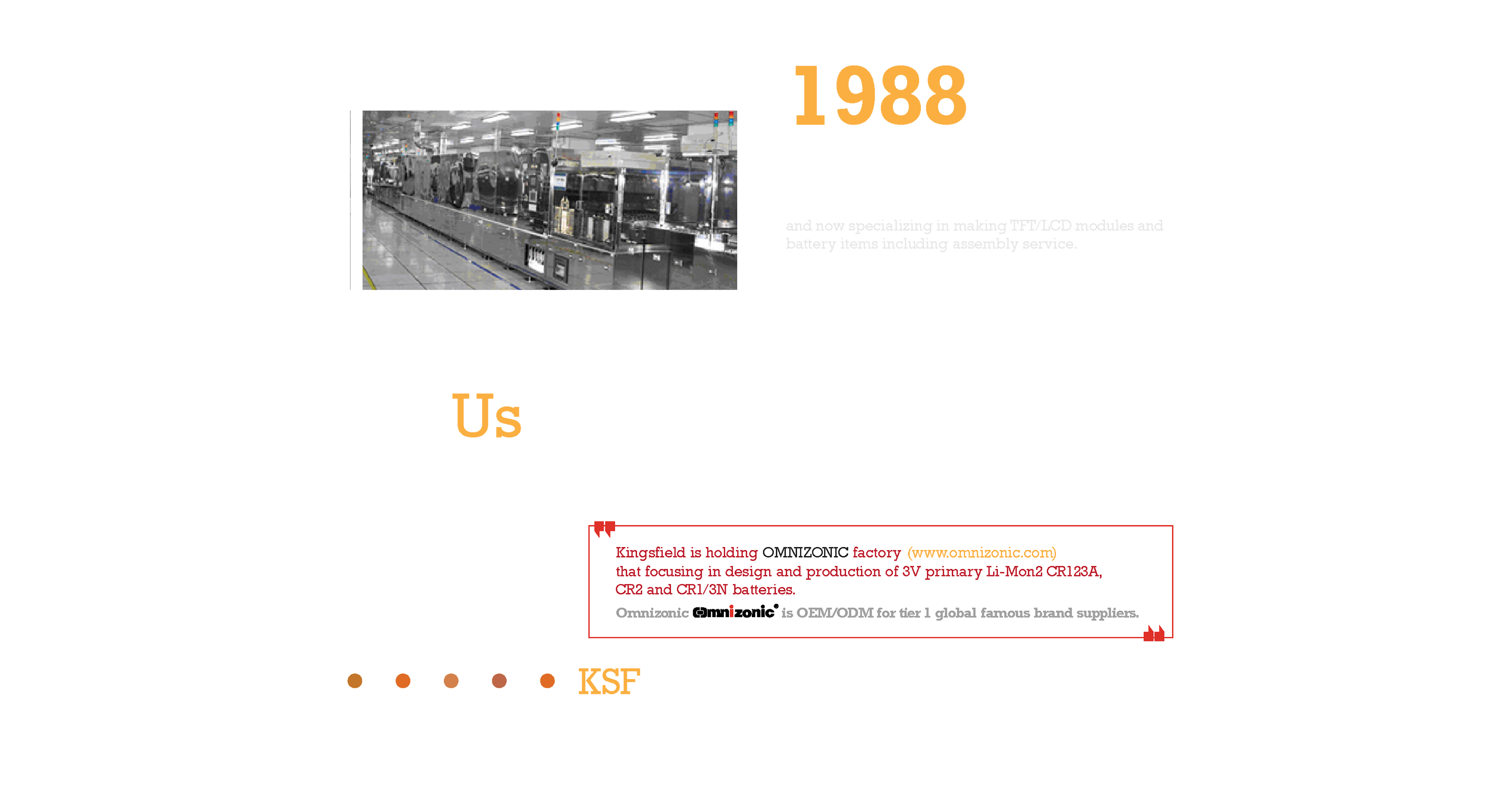 KSF Group
	•	Omnizonic Battery Tech (HK) Limited – existing website (http://omnizonic.com)
	•	Kingsfield Electronics Tech Limited
	•	Introduction
Kingsfield Electronics Tech Limited was established in Hong Kong in 1988 and now specializing in making TFT/LCD modules and battery items including assembly service. 
To produce TFT/LCD modules, Lithium battery items and also to do the PCB assembly, our factories have obtained the certificates of ISO9001, ISO14001, ISO/TS 16949. 
With 20 years’ experience in producing batteries, we can fulfill all your needs for various kinds of batteries such as Li-MnO2  Batteries ,Li-polymer prismatic and Cylindrical Batteries, Li-ion, Lithium coin cell, Ni-Mh & SLA etc. We offer products under our registered trade mark “Omnizonic” as well as OEM items to worldwide customers. Besides, we also provide complete battery pack production and assembly service by sourcing cells from Panasonic, Sony, Sanyo, Maxell, LG and Samsung. 
Equipped with advanced manufacturing facilities and technical expertise, our plants strictly monitor and control both quality and quantity of our products, ensure all of them are with superior quality. The kinds of assembling services are ranged from SMT, COB, COG, COF to complete product. 

In Hong Kong and China, we have a strong team to perform the below functions:
     (1) Product design development: Electronics, Electrical, Software, 
          Industrial and Mechanical design team.
     (2) One-stop LCM/LCD and touch-sensitive display manufacturing.    
     (3) Full turn key solution from design to production.
     (5) Logistic service.
     (6) IPS (International Procurement Service).
KINGSFIELD owns top technical team, there are a few prestigious technical experts with over 20 years experience in the LCD/LCM and Mechanical industry. We own strong independent research and development ability and provide joint development OEM/ODM service with customers. 
			